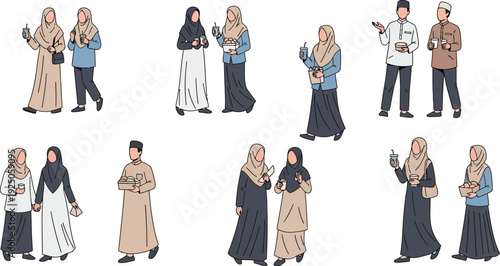 Diverse group of individuals wearing traditional and modern attire walking and interacting in various settings from different viewpoints