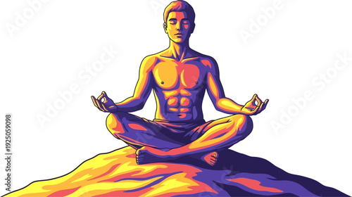 Spiritual harmony as a shirtless man practices deep meditation in a lotus pose atop a glowing vibrant hill at sunset