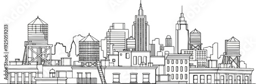 Detailed line art illustration of a city skyline with prominent water towers
