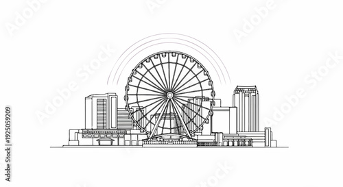 Detailed architectural sketch of a Ferris wheel with surrounding buildings and abstract arcs
