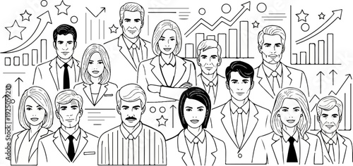 Diverse professionals in business suits, illustrated with upward trending charts and stars