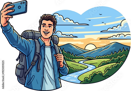 Tech-savvy traveler taking a smartphone selfie against a stunning backdrop of a river valley and mountain range in a modern social media style