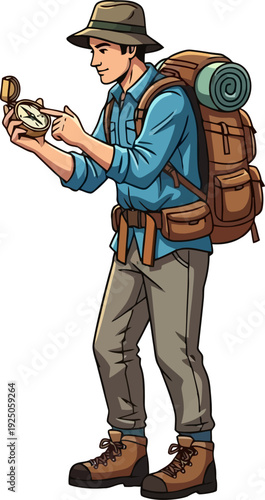 Traditional and prepared explorer navigating with a handheld brass compass in a classic adventure vector style