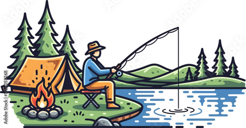 Tranquil fisherman angling by a serene mountain lake next to a cozy tent and warm campfire flat line art style
