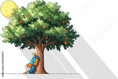Tranquil hiker resting in the shade of a majestic oak tree with long ethereal shadows cast across a sunny field in a minimalist artistic style