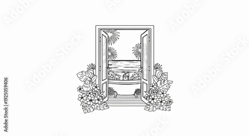 Open window revealing a tropical seascape with lush foliage