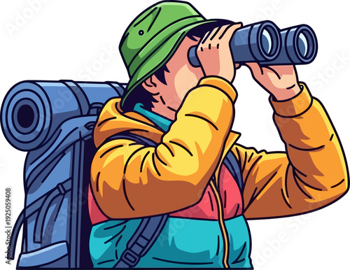 Vigilant birdwatcher using professional binoculars to observe distant wildlife from a scenic mountain vantage point