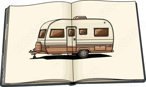 Whimsical illustration of a classic retro caravan emerging from an open travel log