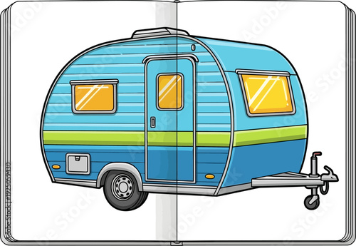Whimsical blue and yellow recreational vehicle sketch displayed as a journal entry in a travel diary