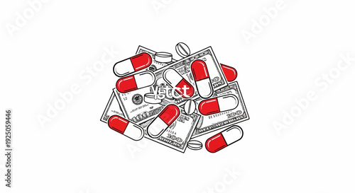 Red and white capsules and white pills scattered over a pile of US dollar bills