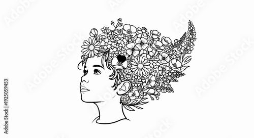 Profile of a person with hair transformed into a lush bloom of diverse flowers