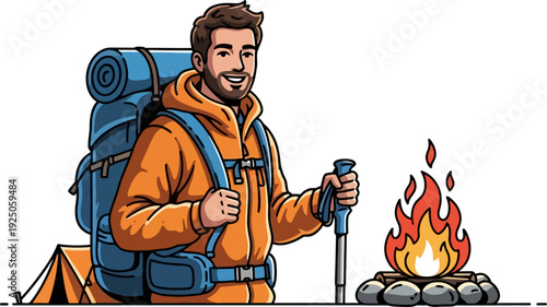 Accomplished bearded hiker standing by a crackling campfire with trekking poles near his tent after a long day of exploration clean comic-style illustration