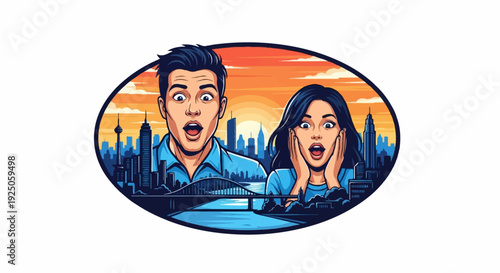 Shocked couple marvel at city skyline sunset