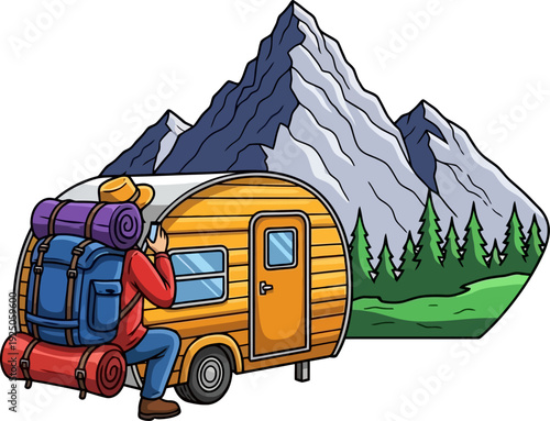 Adventurous wanderer documenting a classic wooden teardrop trailer nestled against a backdrop of towering snow-capped peaks