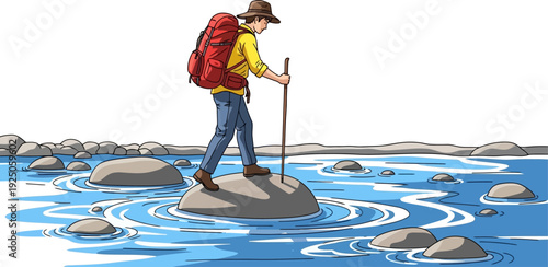 Adventurous soul carefully balancing on river stones to cross a flowing stream during a backcountry trek