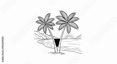 Tropical beach scene with two palm trees framing a sunset over the ocean