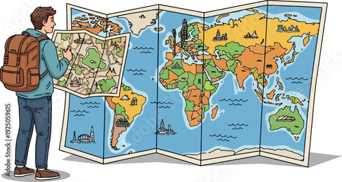 Ambitious navigator studying an immense world map to plan a complex international itinerary across multiple continents and oceans