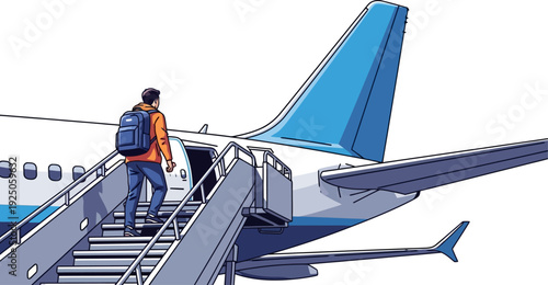 Anticipatory traveler ascending the boarding stairs of a commercial airplane ready to embark on a transformative global journey