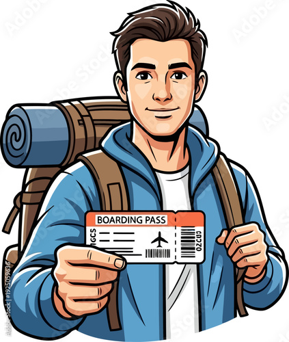 Anticipatory traveler smiling while holding up a flight boarding pass ready for his international journey illustration