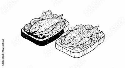 Two artistic line drawings of open-faced fish sandwiches with garnishes