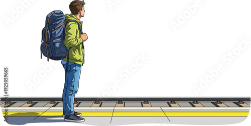 Anticipatory young traveler with a large camping backpack standing on a pristine railway platform waiting for a train in a minimalist vector art style