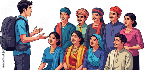 Authentic cultural exchange between a modern traveler and a local community in traditional south asian attire