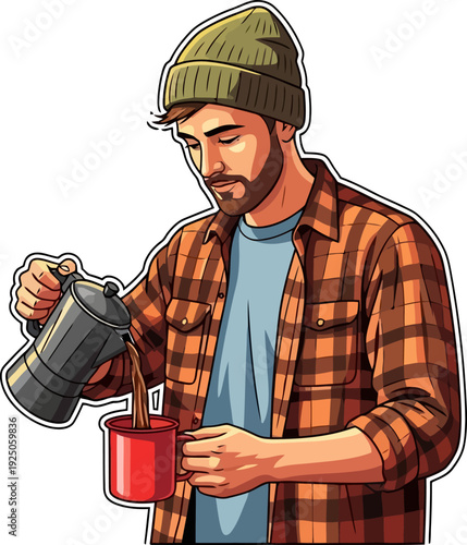 Authentic camper in a beanie pouring fresh hot coffee from a moka pot into a red mug during a crisp morning