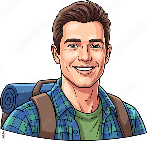 Authentic friendly portrait of a smiling male traveler wearing a plaid shirt and carrying a rolled sleeping mat on his backpack