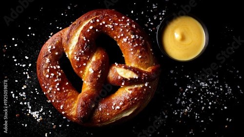 Soft salted pretzel with mustard dip on black background