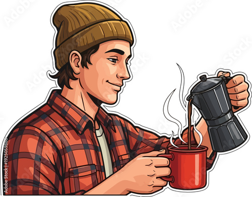 Authentic portrait of a man in a knit beanie pouring steaming hot coffee from a moka pot into a red enamel mug