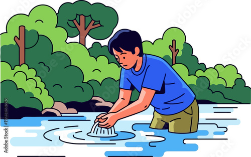 Authentic young man refreshing himself by washing hands in a pristine forest stream surrounded by lush greenery detailed digital drawing