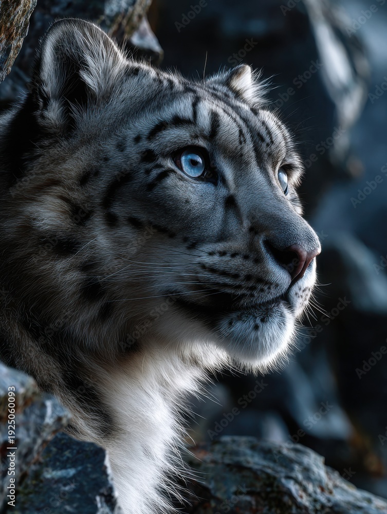 Fototapeta premium A snow leopard perched on a rocky cliff
