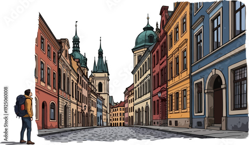 Awestruck wanderer standing at the entrance of a narrow historic cobblestone street lined with colorful old-world architecture