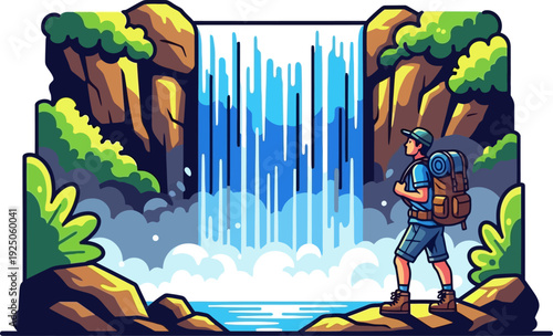 Breathtaking encounter of a lone trekker witnessing the power and majesty of a massive cascading waterfall