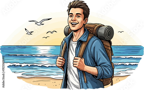 Blissful beachgoer enjoying the coastal breeze and seagulls at the oceans edge