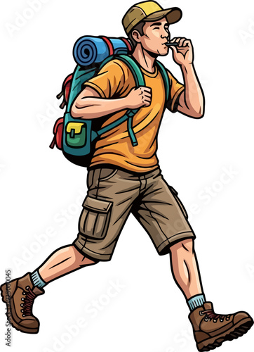 Carefree happy wanderer whistling a tune while trekking through the backcountry with his essential gear dynamic character illustration
