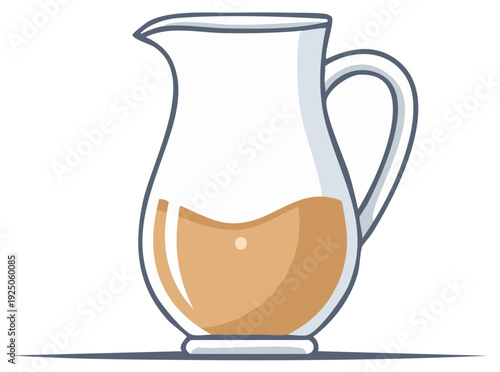 Clear glass pitcher filled with amber liquid and a smooth handle on a white background