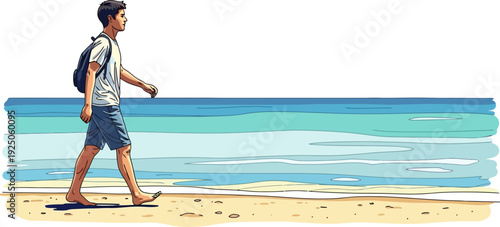 Carefree youth walking barefoot along the sandy shore of a turquoise sea