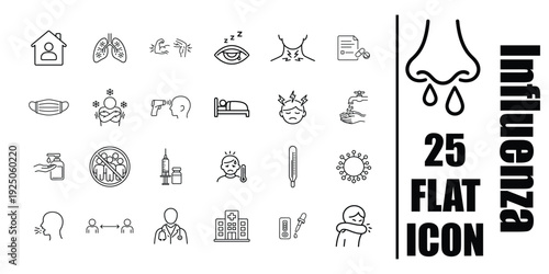 Black and white influenza line icons set flu symptoms prevention medical healthcare vector illustration
