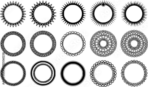 Set of Decorative Round Frames, Ornamental Circle Borders, Nautical Rope Patterns, Celtic Knot Mandalas, Floral Wreath Elements, Black Ink Vector Illustration  
