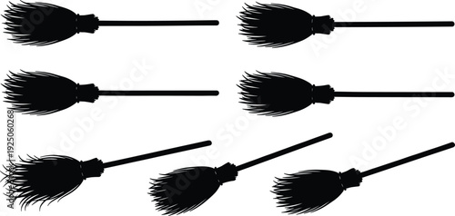 Halloween broom silhouette illustration, witch broomstick icon spooky festive character design vector artwork, seasonal and decorative theme, isolated background