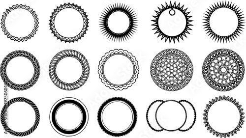Set of Decorative Round Frames, Ornamental Circle Borders, Nautical Rope Patterns, Celtic Knot Mandalas, Floral Wreath Elements, Black Ink Vector Illustration  
