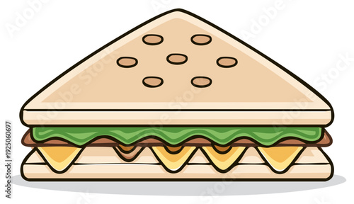 Toasted Triangle Sandwich with Lettuce and Cheese Cartoon Illustration Style