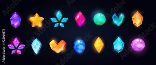Cartoon precious stones. Gemstone diamonds, gem stones sapphire emerald ruby amethyst topaz crystal jewel treasure gold royal ancient magic fantasy game ui set vector illustration