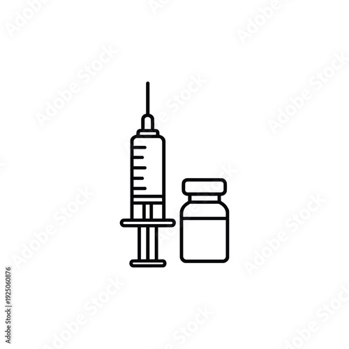 Influenza vaccine syringe and vial black and white line icon vector illustration for flu prevention and medical healthcare