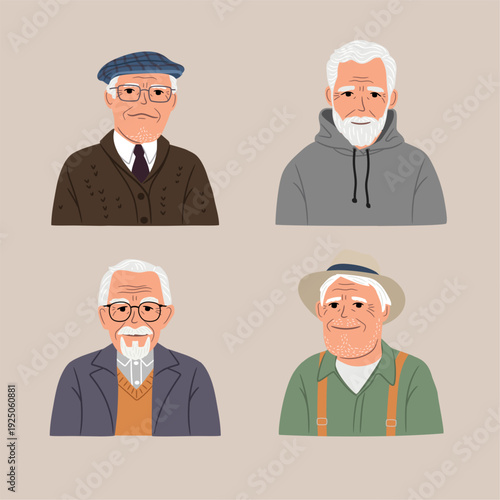 Collection of portraits with gray hair seniors men. Concept vector illustration of the age beauty. Set of different cute grandfathers