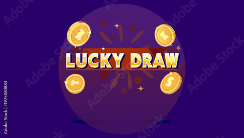 Golden lucky draw announcement design with flat text on purple background