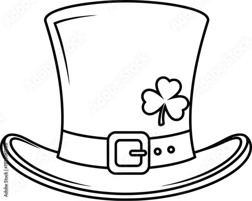 Simple black and white line art drawing of a classic leprechaun top hat adorned with a lucky shamrock and decorative buckle band