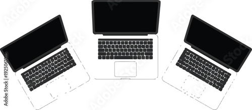 Set of three minimalist black laptop silhouettes from top-down and angled perspectives for digital product mockups.