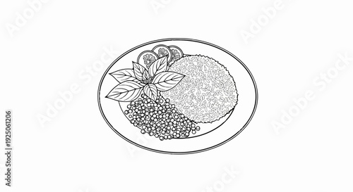 A sketch of a plate of food with rice, lentils, lemon slices, and basil